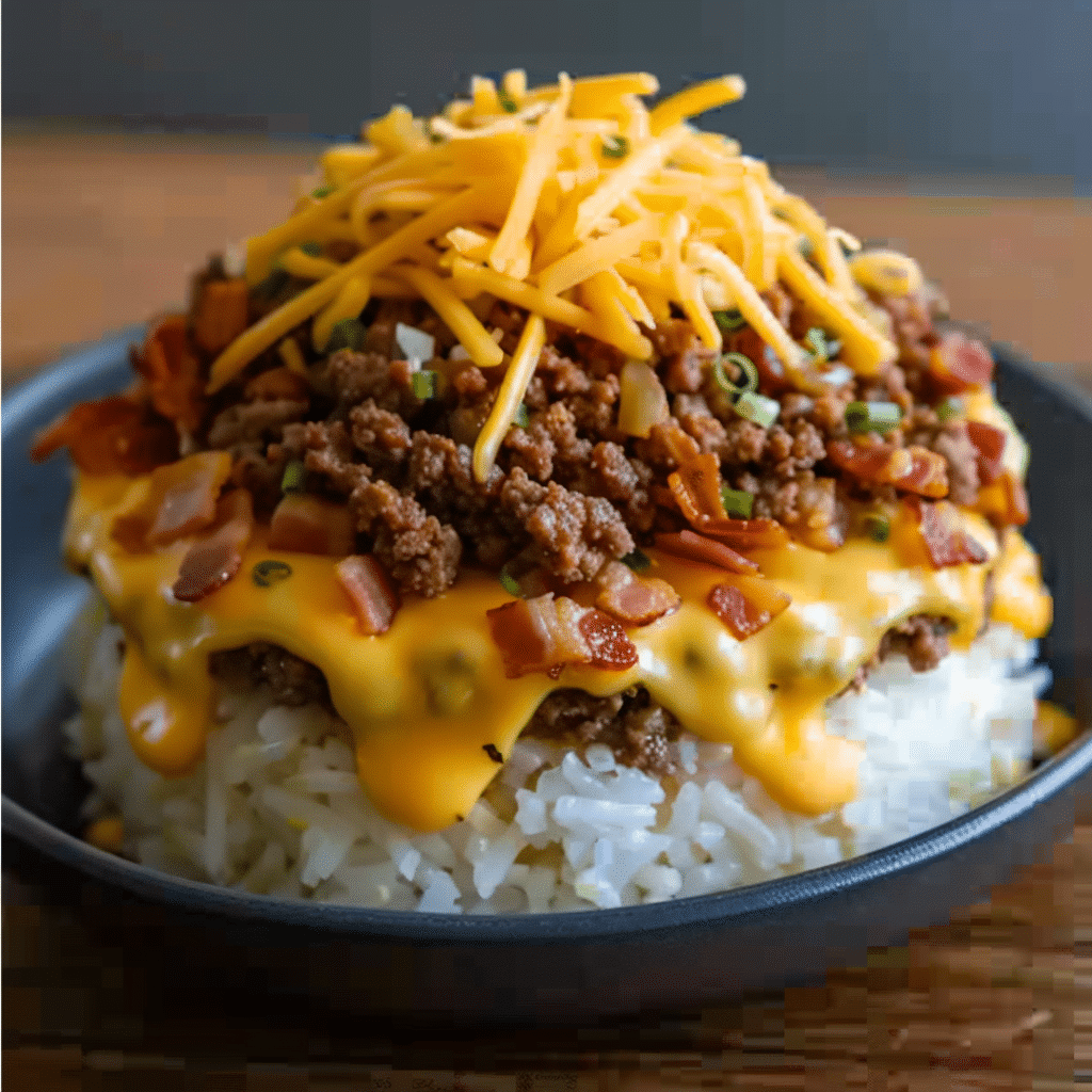 Bacon Cheeseburger Rice Stack With Crispy Bacon And Cheesy Rice