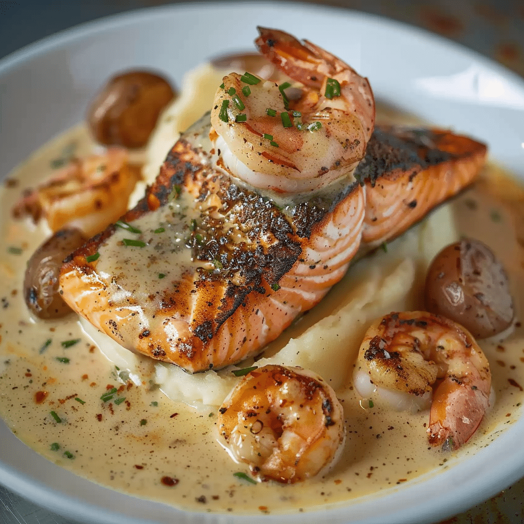 Shrimp and Salmon over Mashed Potatoes with Cajun Cream Sauce